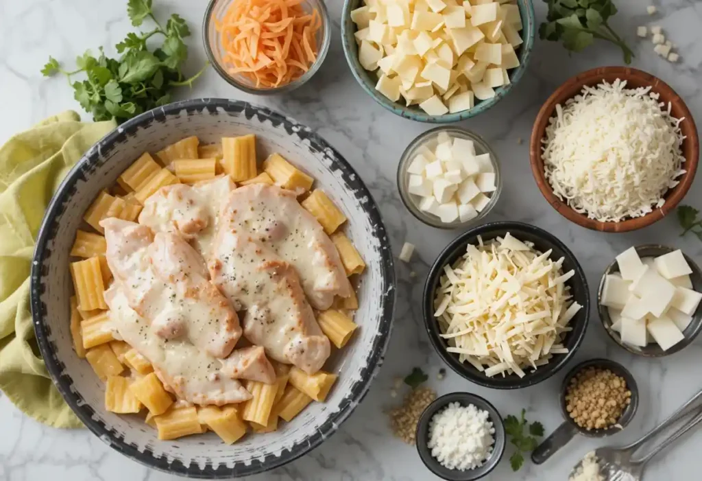 Main ingredients for Chicken Alfredo Lasagna: chicken, noodles, Alfredo sauce, ricotta, mozzarella, parmesan.