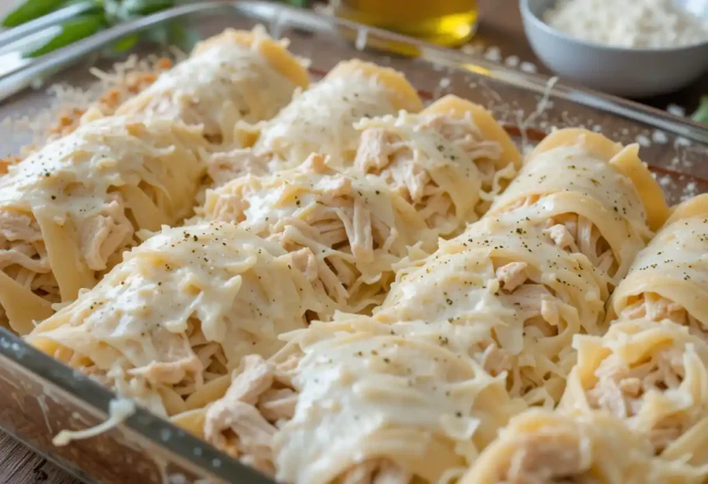 Creamy alfredo sauce on lasagna roll.