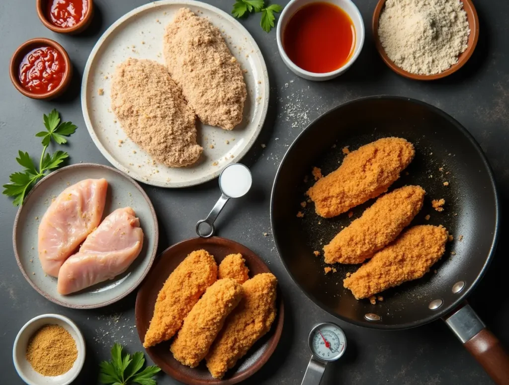 Chicken strips frying in a pan with oil, sizzling to a golden-brown finish.