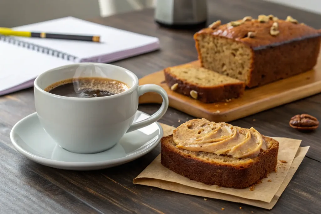 A slice of banana bread with peanut butter paired with coffee on an office desk.
