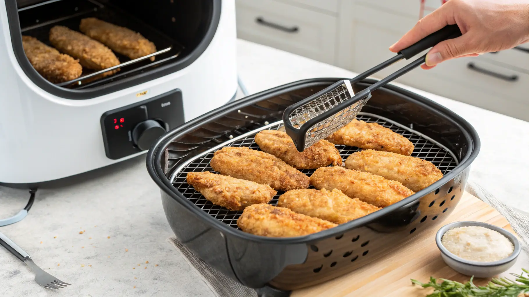 Air Fryer Chicken Tenders basket, with a hand using tongs to flip them for even crisping.