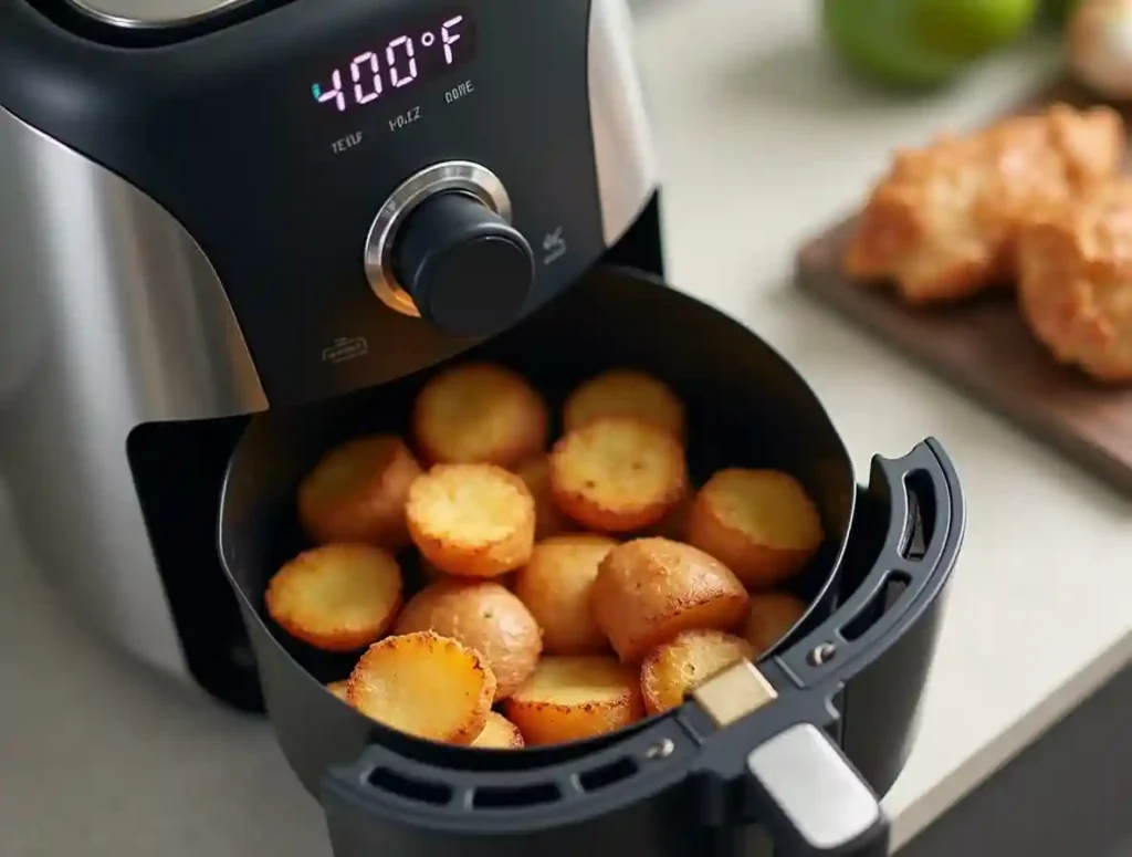 A sizzling skillet filled with golden garlic parmesan chicken and crispy potatoes, with steam rising.