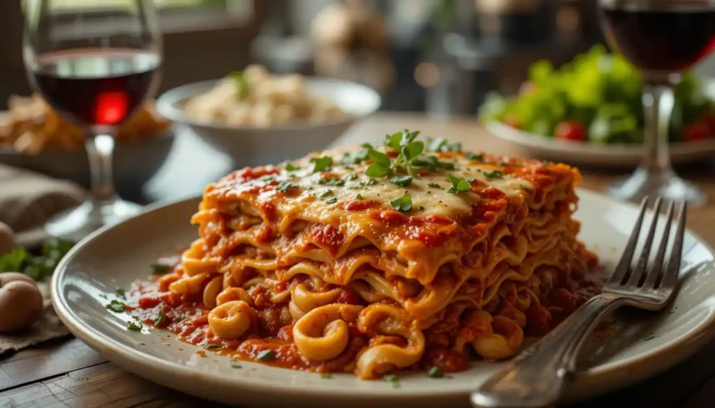 serving a golden-brown, bubbly slice of lazy lasagna with stretched cheese from a baking dish in a warm Southern kitchen.