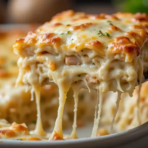 Close-up of a slice of Chicken Alfredo Lasagna being lifted, showcasing creamy layers and melted cheese.