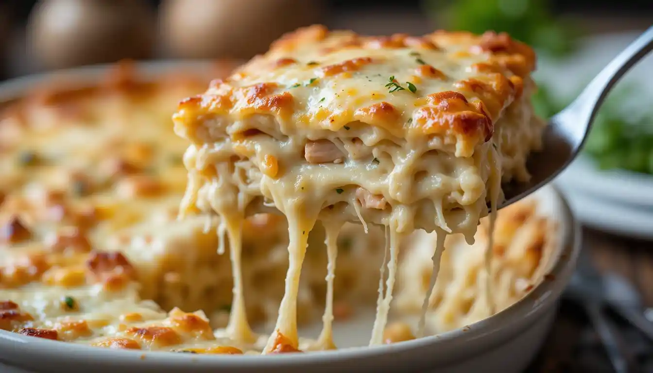 Close-up of a slice of Chicken Alfredo Lasagna being lifted, showcasing creamy layers and melted cheese.