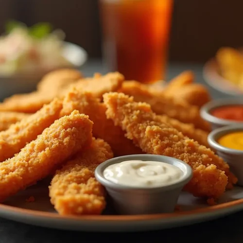 A plate of crispy golden chicken tenders and fries served with dipping sauces on a wooden table.