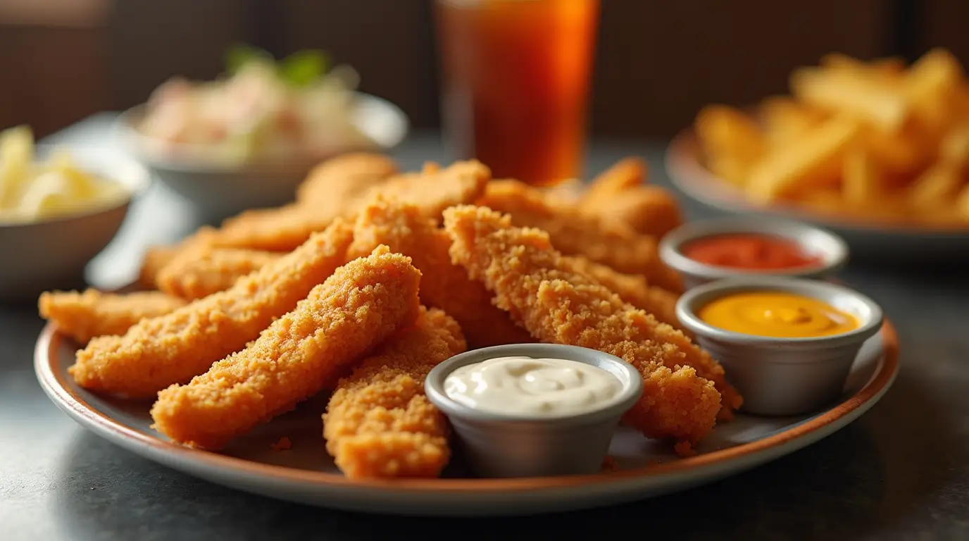 A plate of crispy golden chicken tenders and fries served with dipping sauces on a wooden table.