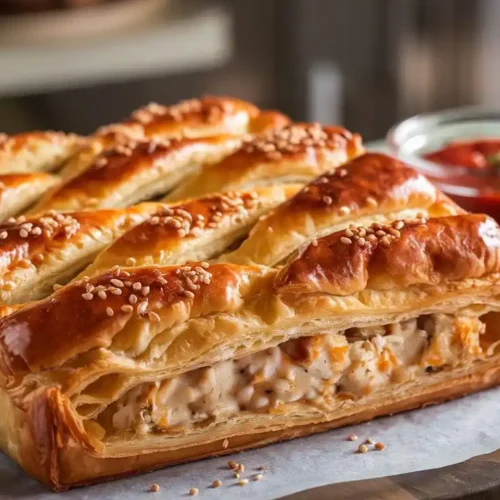 Golden-brown Chicken and Cheese Jalousie on a modern table, with melted cheese and chicken filling visible through the flaky pastry layers.