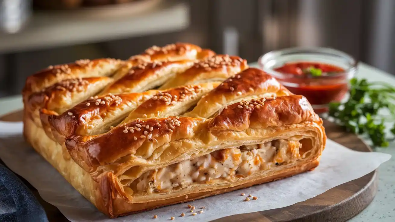 Golden-brown Chicken and Cheese Jalousie on a modern table, with melted cheese and chicken filling visible through the flaky pastry layers.