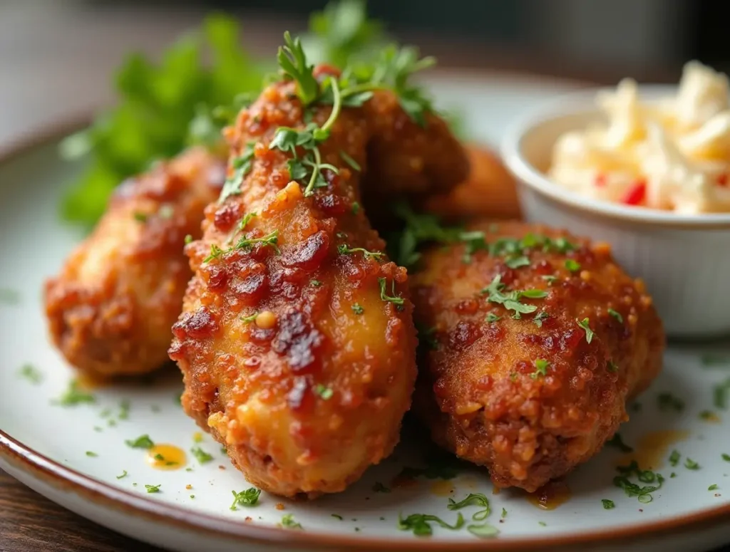 Plated crispy fried chicken with a side of fresh coleslaw.
