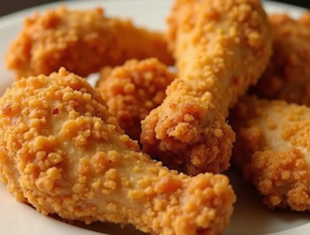 Close-up of Southern-style fried chicken with a crispy, seasoned coating.