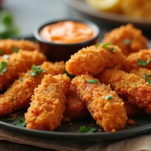 Crispy, golden-brown spicy chicken strips on a plate with garnished parsley and dipping sauces.