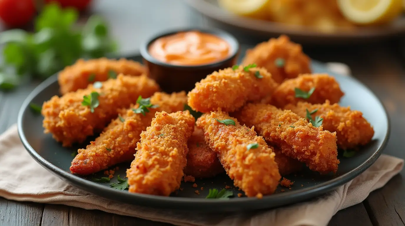 Crispy, golden-brown spicy chicken strips on a plate with garnished parsley and dipping sauces.