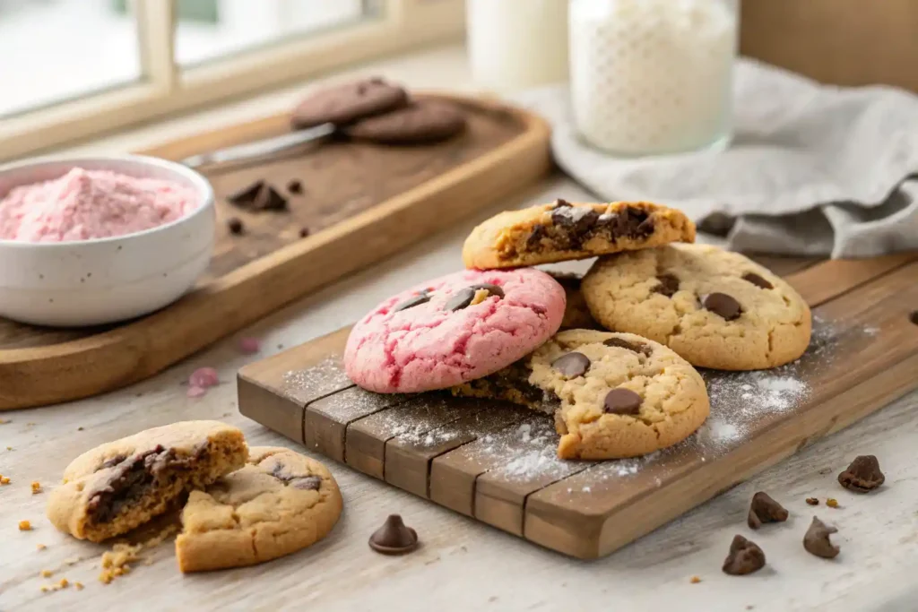 A close-up of Crumbl cookies on a wooden board, showcasing their texture and variety.