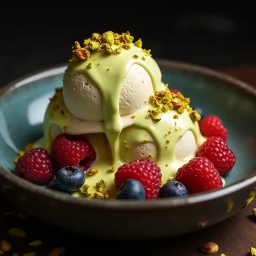 anilla ice cream drizzled with vegan pistachio cream, topped with crushed pistachios and fresh berries in a dessert bowl.