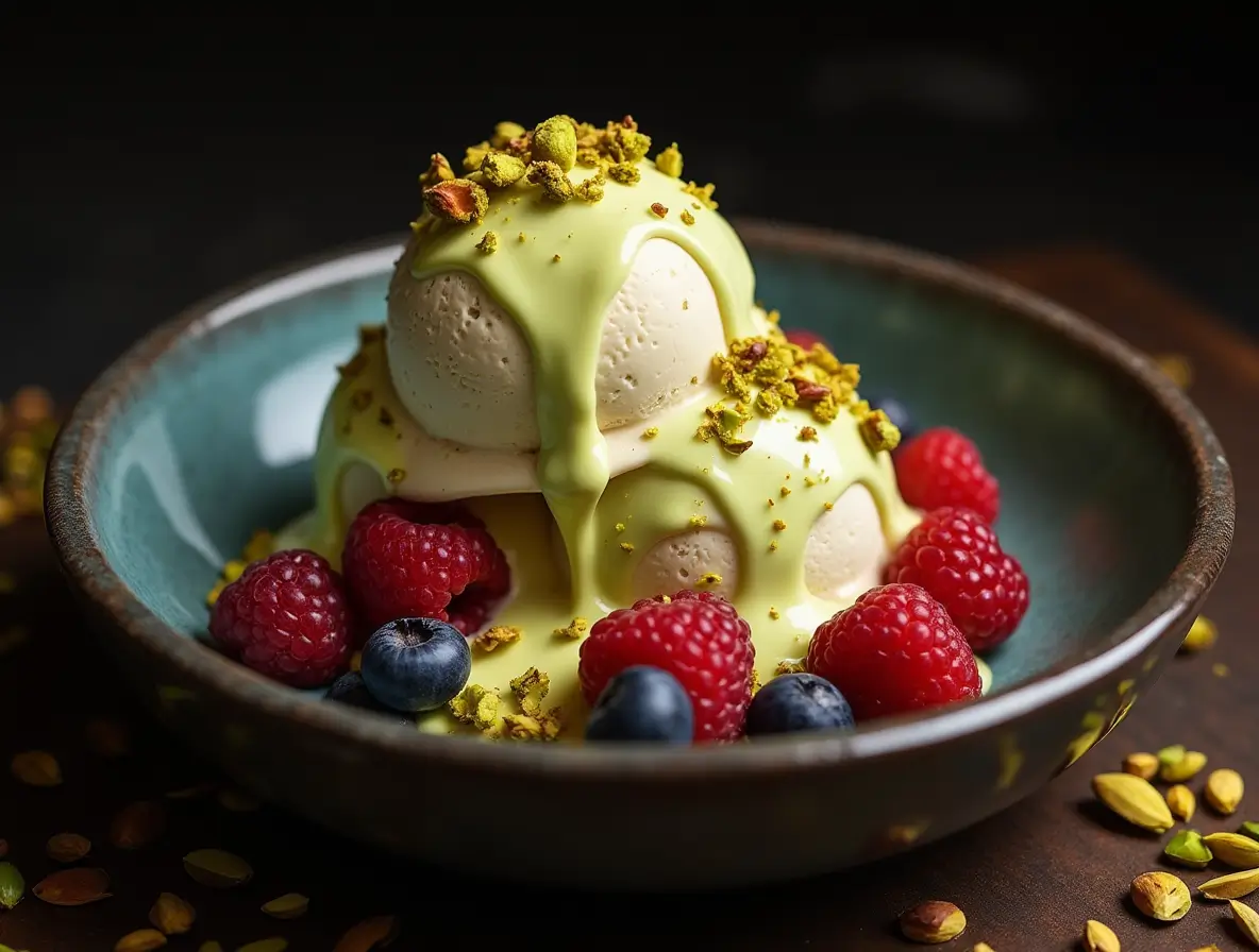 anilla ice cream drizzled with vegan pistachio cream, topped with crushed pistachios and fresh berries in a dessert bowl.