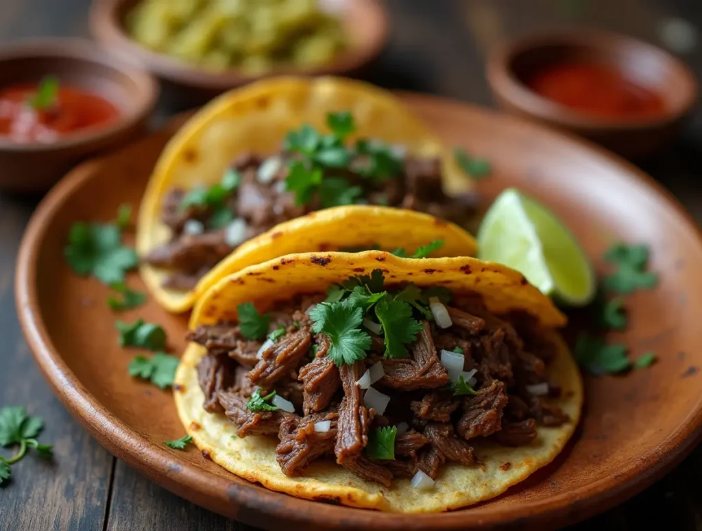 juicy shredded beef cheek tacos with fresh onions, cilantro, and lime on a wooden plate.