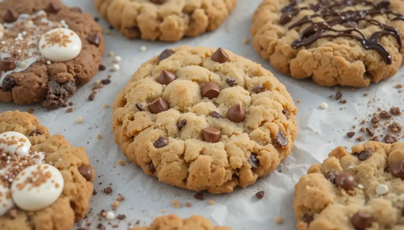 How many calories in a Crumbl cookie, showcasing flavors like chocolate chip, sugar cookie, and Oreo, on a parchment-lined baking sheet.