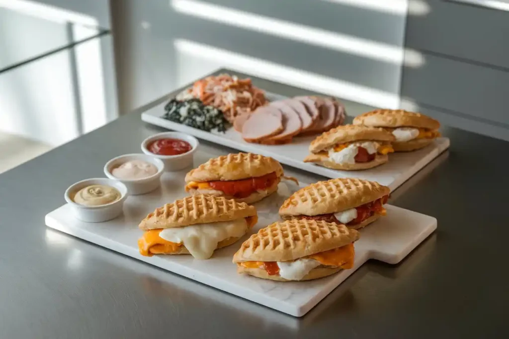 Different Chicken and Cheese Jalousie variations on a modern dining table, featuring cheddar, mozzarella, and gouda fillings, with dipping sauces.