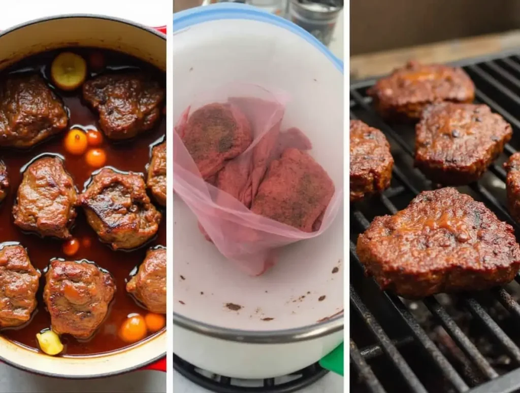 A collage of beef cheek cooking methods: braised in a Dutch oven, sous vide, and smoked on a grill.