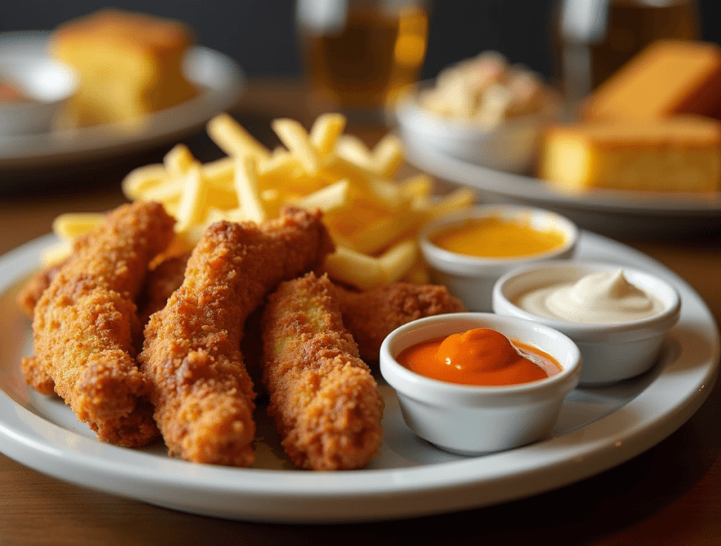 A plate of crispy chicken tenders and fries with a variety of dipping sauces and side dishes.