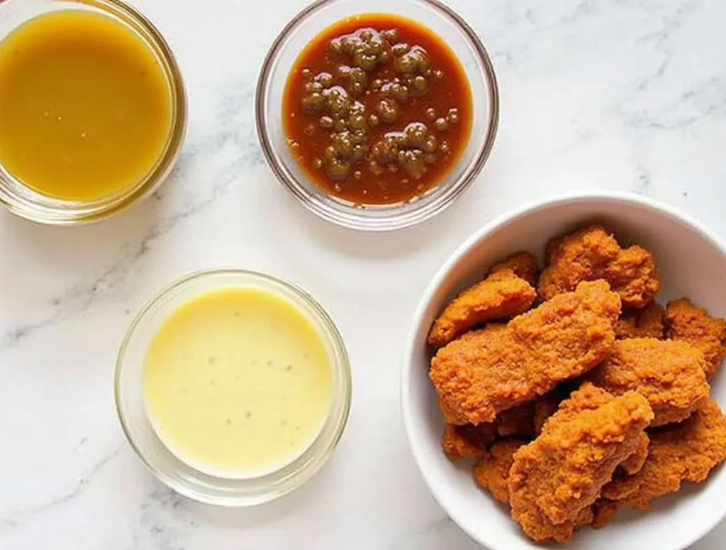 A variety of dipping sauces including ranch, sriracha mayo, and honey mustard served with spicy chicken strips.
