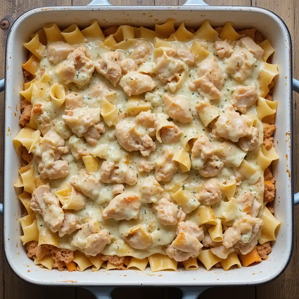 Finished Chicken Alfredo Lasagna, golden brown and bubbling, fresh out of the oven.