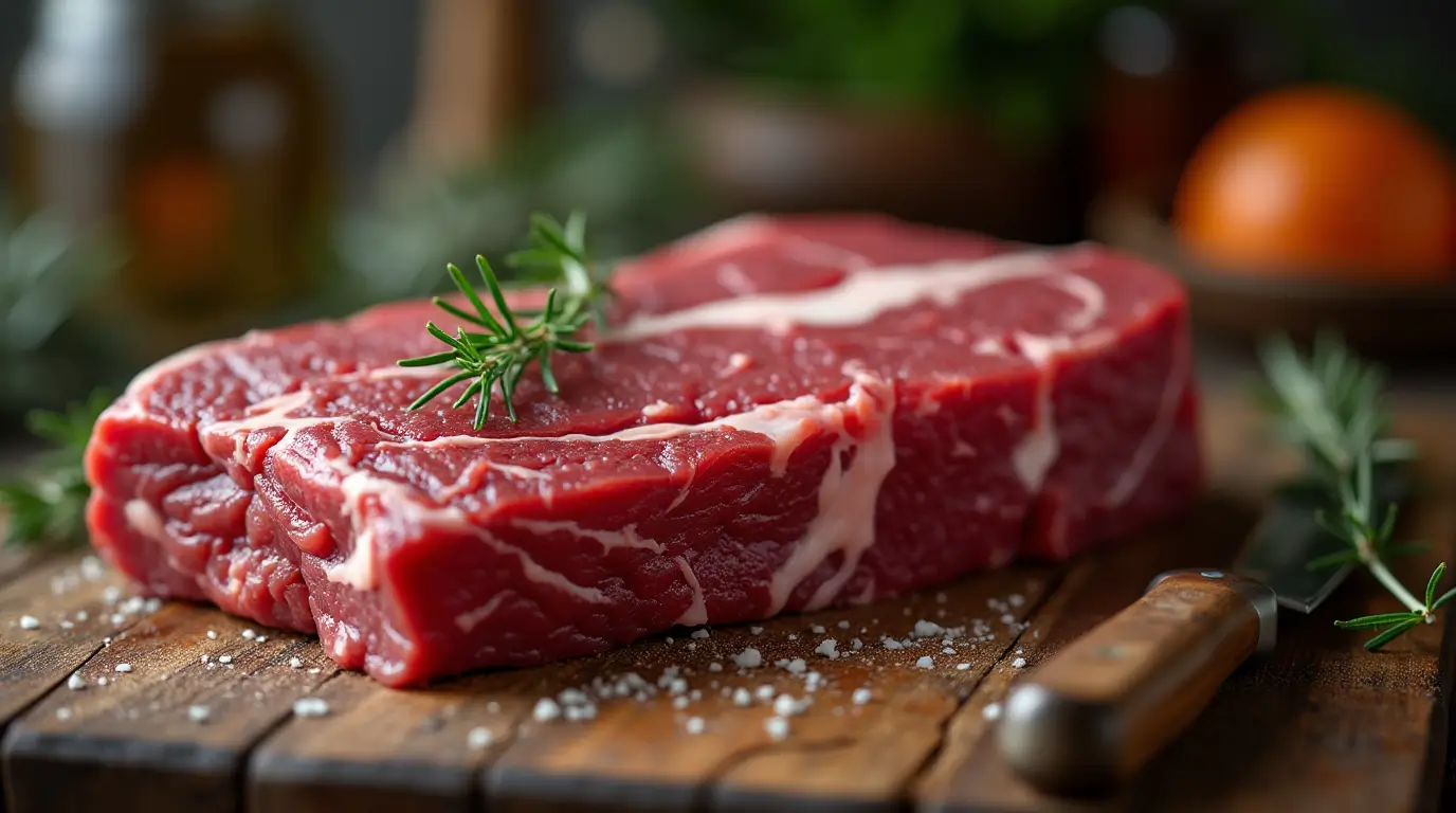 raw beef cheek meat on a wooden cutting board with a butcher’s knife and fresh herbs.