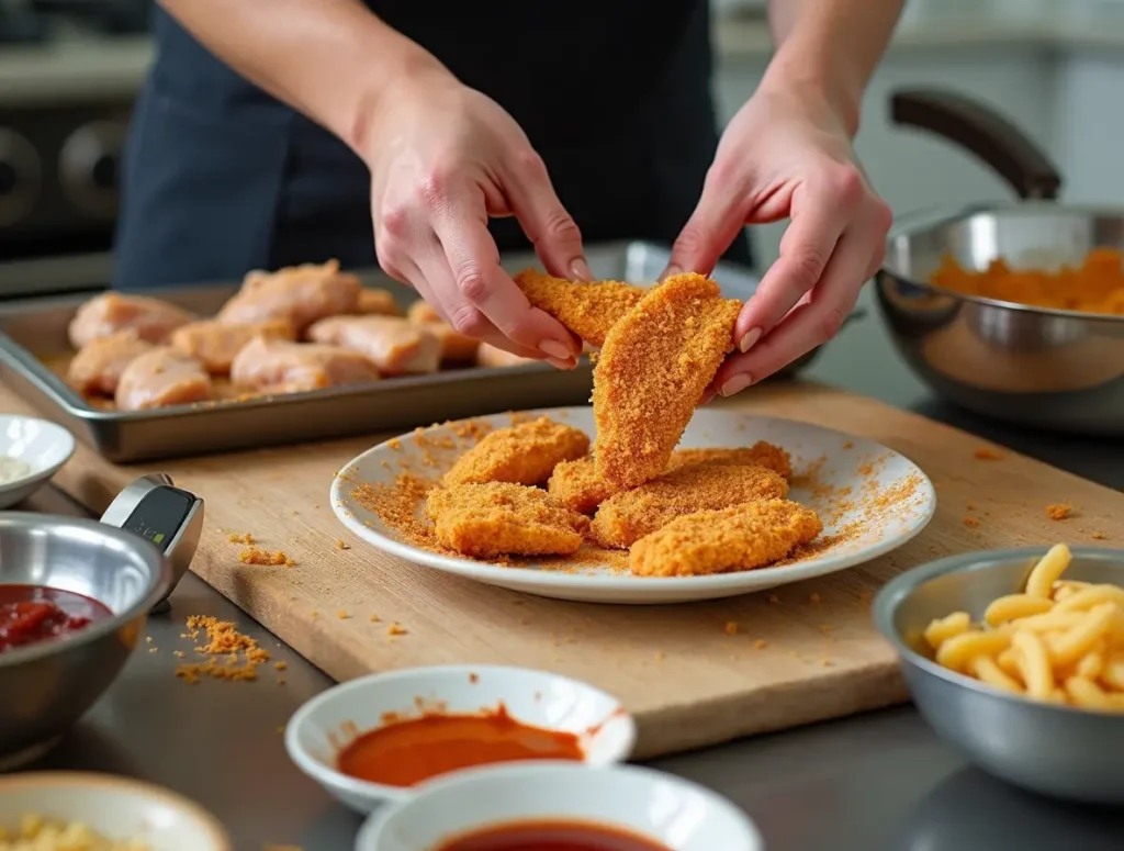 Chef’s hands dipping chicken strips into a seasoned breadcrumb mixture, preparing for frying.