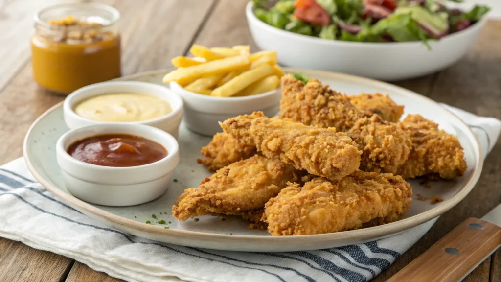 A close-up of ultra-crispy air fryer chicken tenders being dipped into a creamy ranch sauce, with visible crunch and texture.