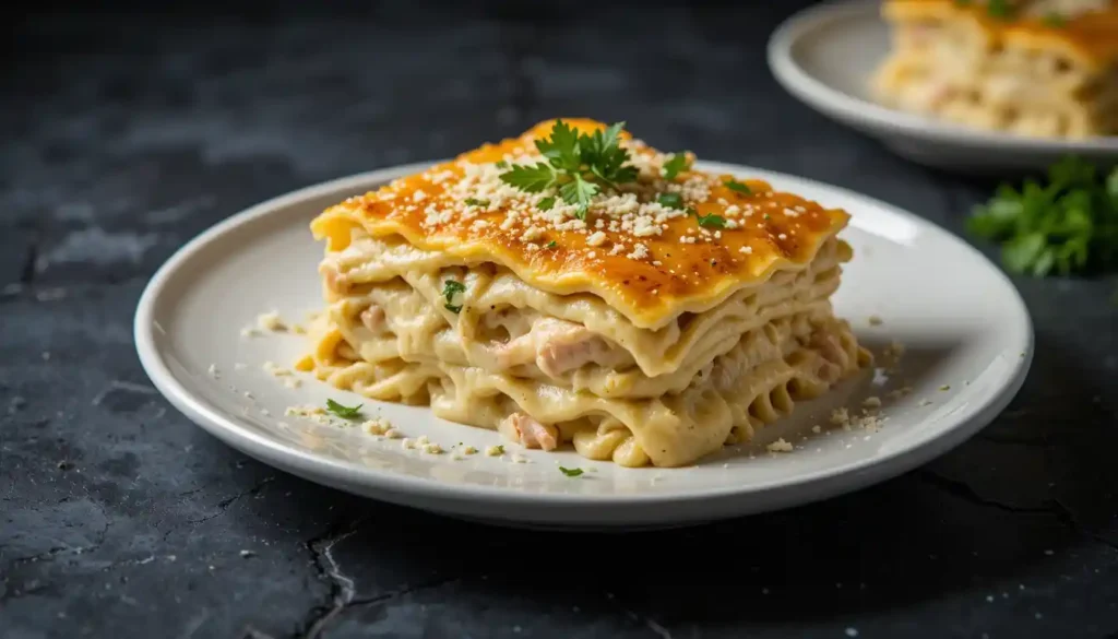 Plated serving of Chicken Alfredo Lasagna with parsley garnish on a dark background.