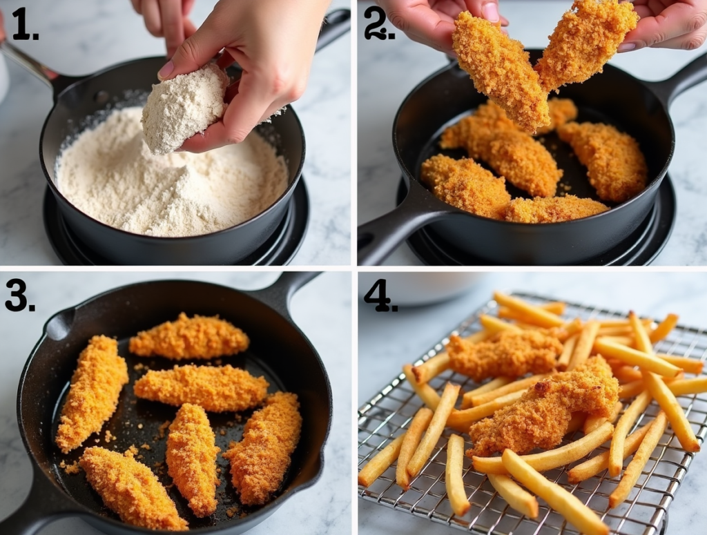 A four-step visual guide showing how to coat, bread, and fry chicken tenders to golden perfection.