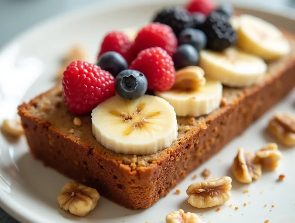 Healthy banana bread topped with walnuts, bananas, and fresh berries