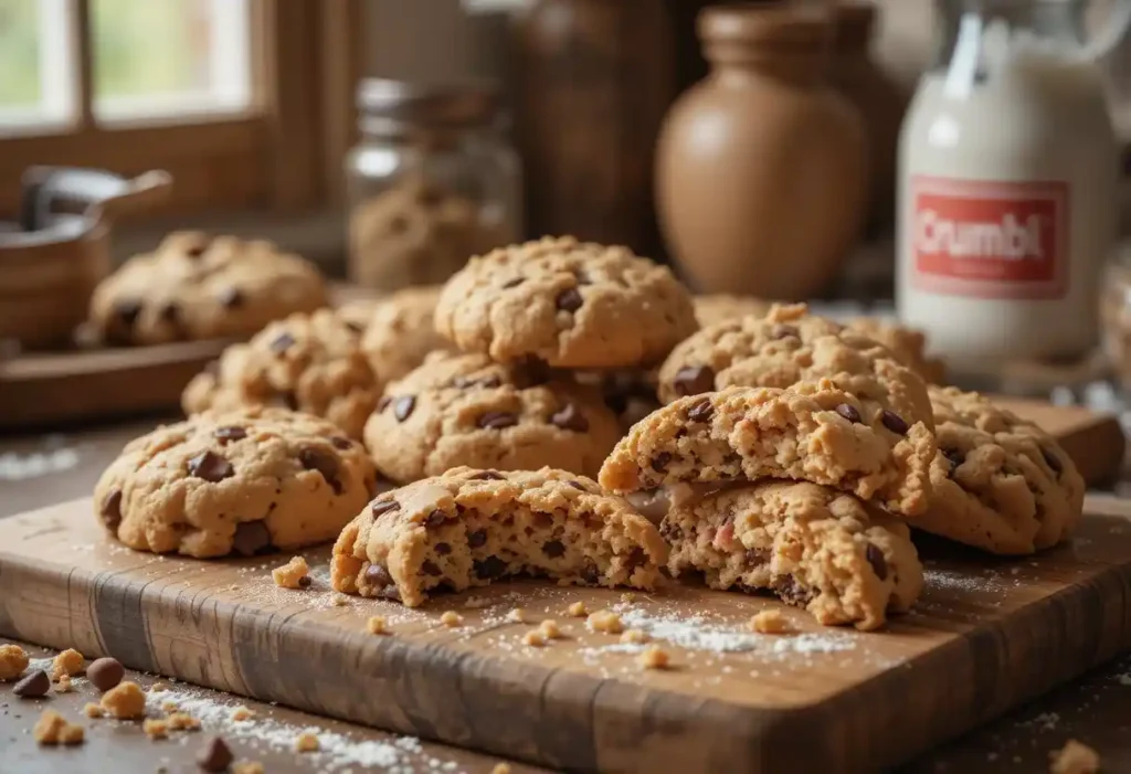 A picture of multiple homebaked Crumbl cookies arranged on a wooden board with a kitchen background.