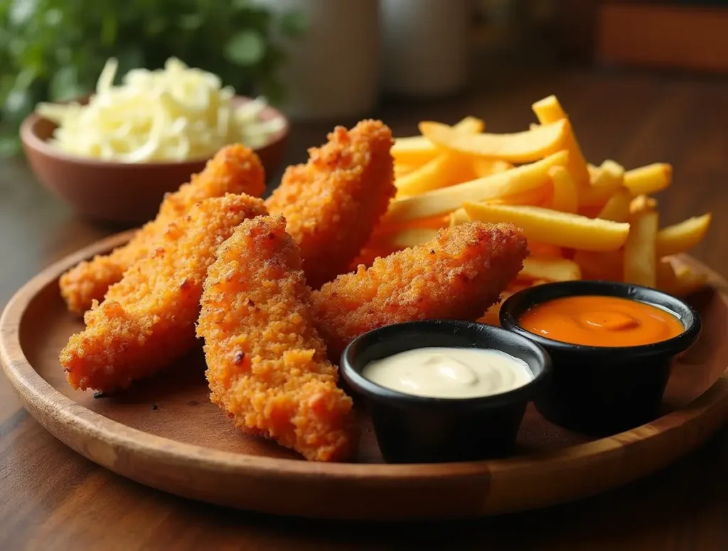 njoying homemade chicken tenders and fries at the dinner table.