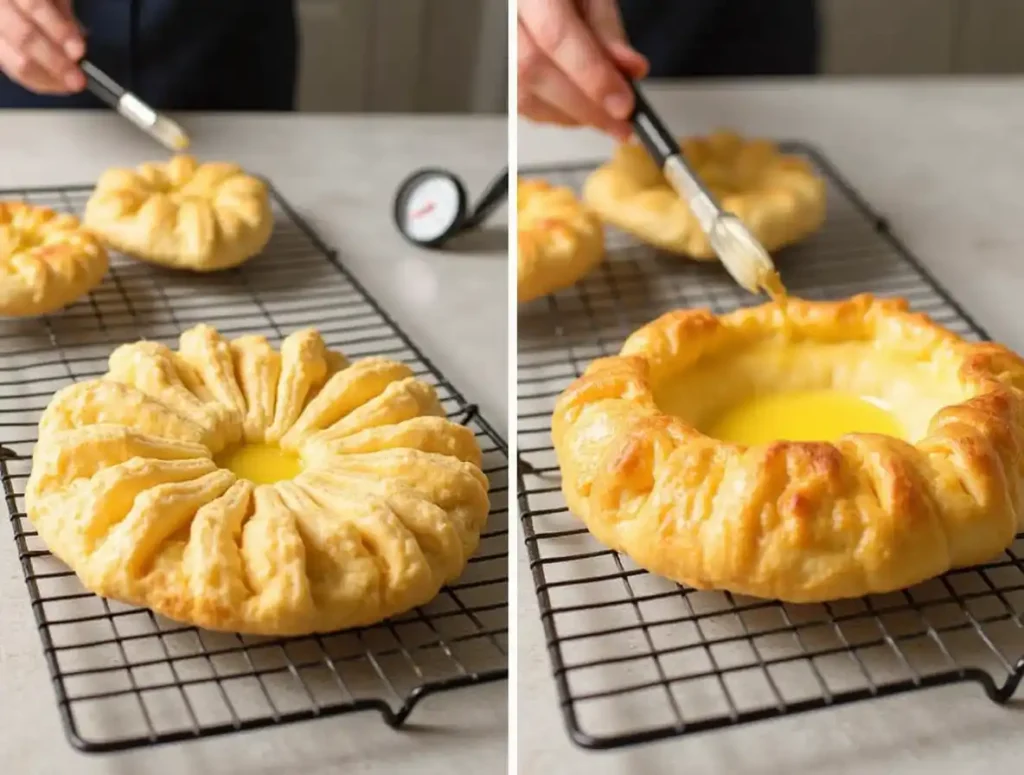 A freshly baked Chicken and Cheese Jalousie on a cooling rack, with an egg wash being applied and a side-by-side comparison of a golden vs. underbaked crust.