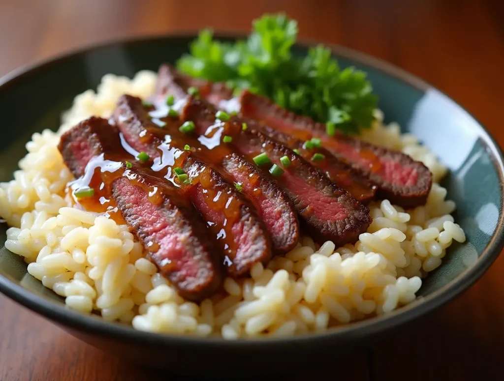 Pepper Lunch rice topped with ribeye steak, garlic butter sauce, and vegetables.