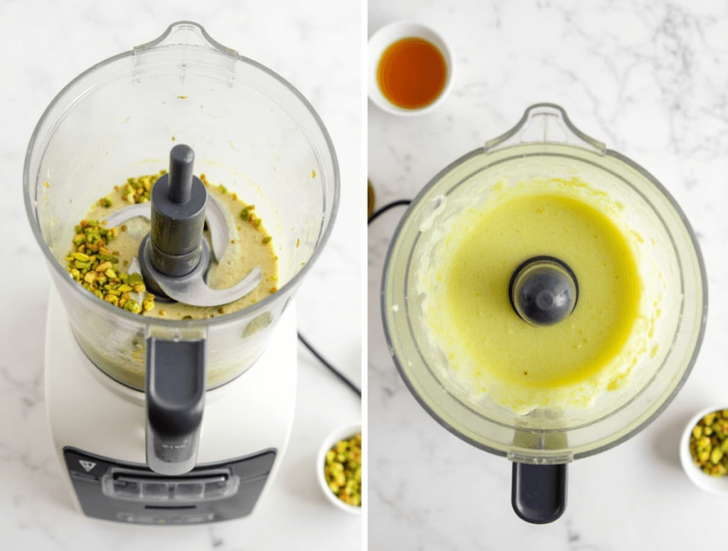 A food processor blending pistachios with plant-based milk and maple syrup to make creamy vegan pistachio cream.
