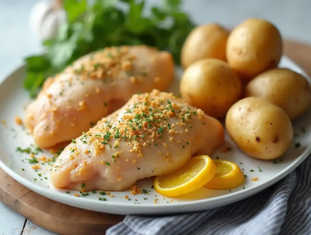 Overhead view of neatly arranged ingredients for garlic parmesan chicken and potatoes, including diced chicken, baby potatoes, minced garlic, and cheeses on a wooden countertop.
