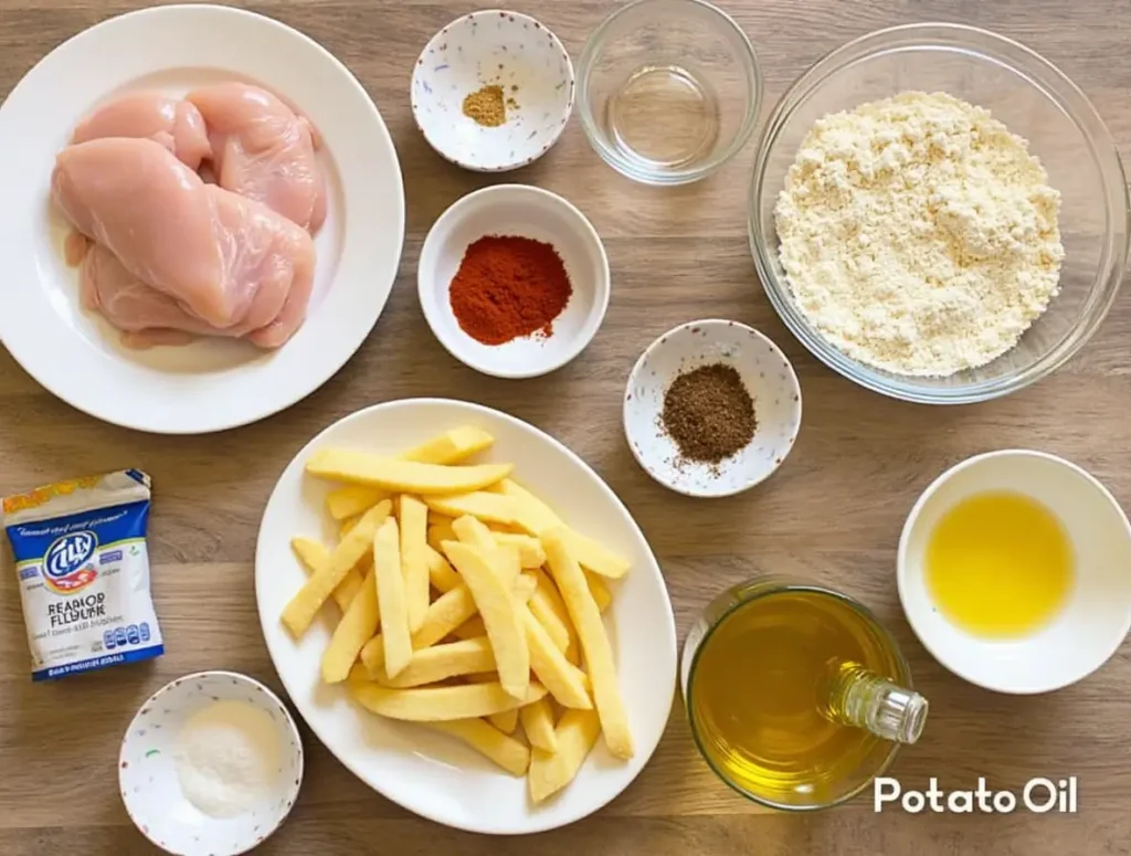 Raw ingredients for homemade chicken tenders and fries, including chicken, breadcrumbs, eggs, and spices.
