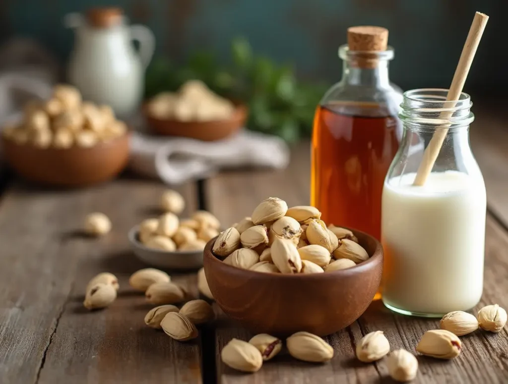 aw pistachios, plant-based milk, maple syrup, and vanilla extract arranged on a rustic wooden table for making vegan pistachio cream.