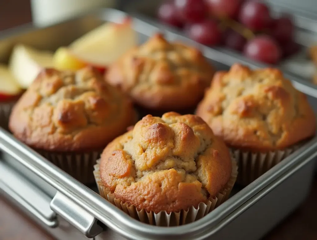 Mini banana bread muffins in a lunchbox with fruit slices.