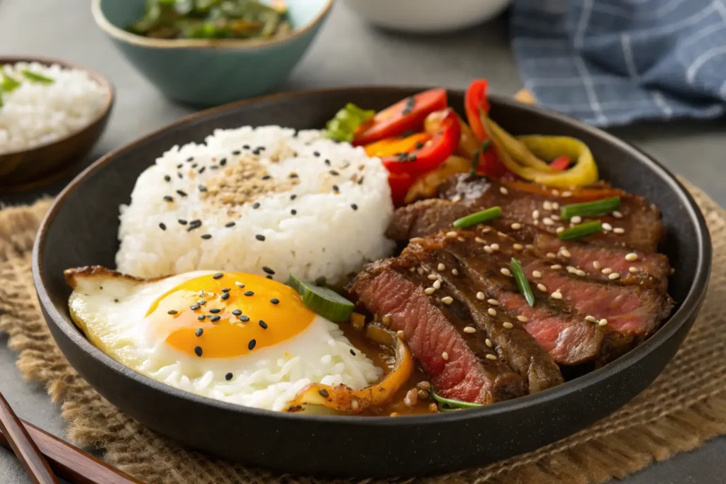Homemade Pepper Lunch with ribeye steak, garlic butter, egg, and sesame seeds.