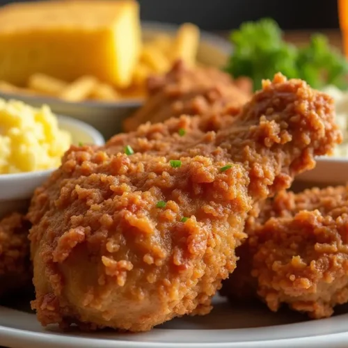 Plate of crispy Americana Chicken served with mashed potatoes, cornbread, and coleslaw.