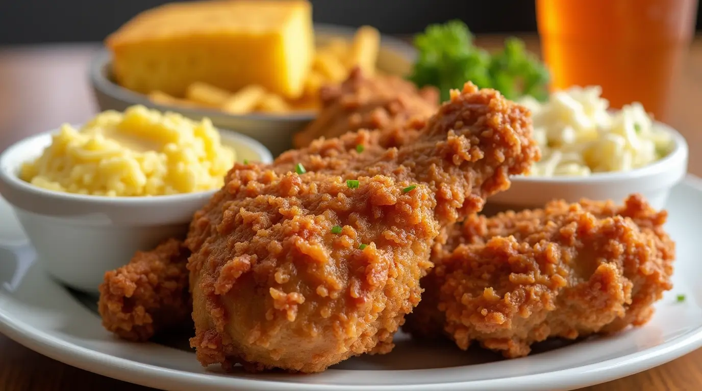 Plate of crispy Americana Chicken served with mashed potatoes, cornbread, and coleslaw.