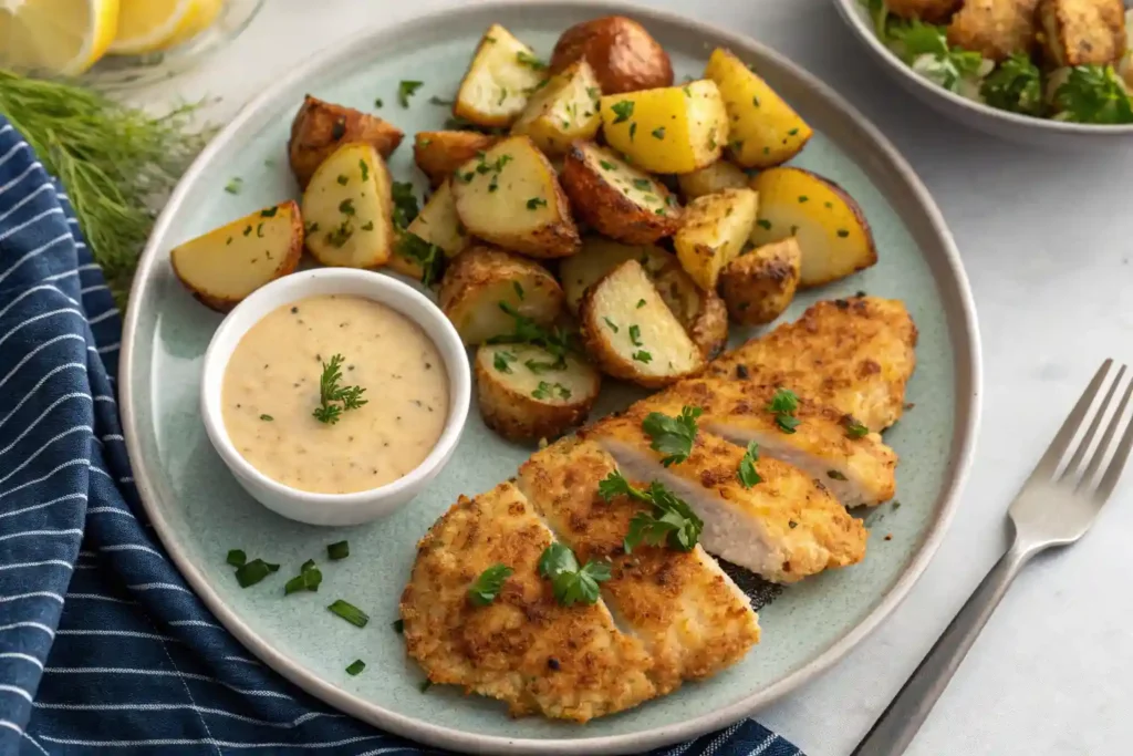 a dining table enjoying garlic parmesan chicken and potatoes in a warm, cozy setting.