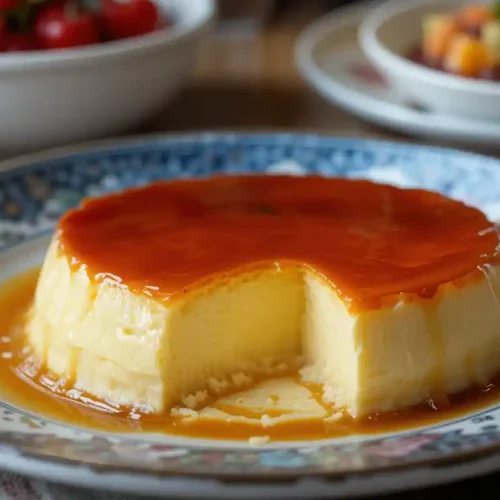 Person gazing at a Venezuelan Quesillo (flan), expression thoughtful.