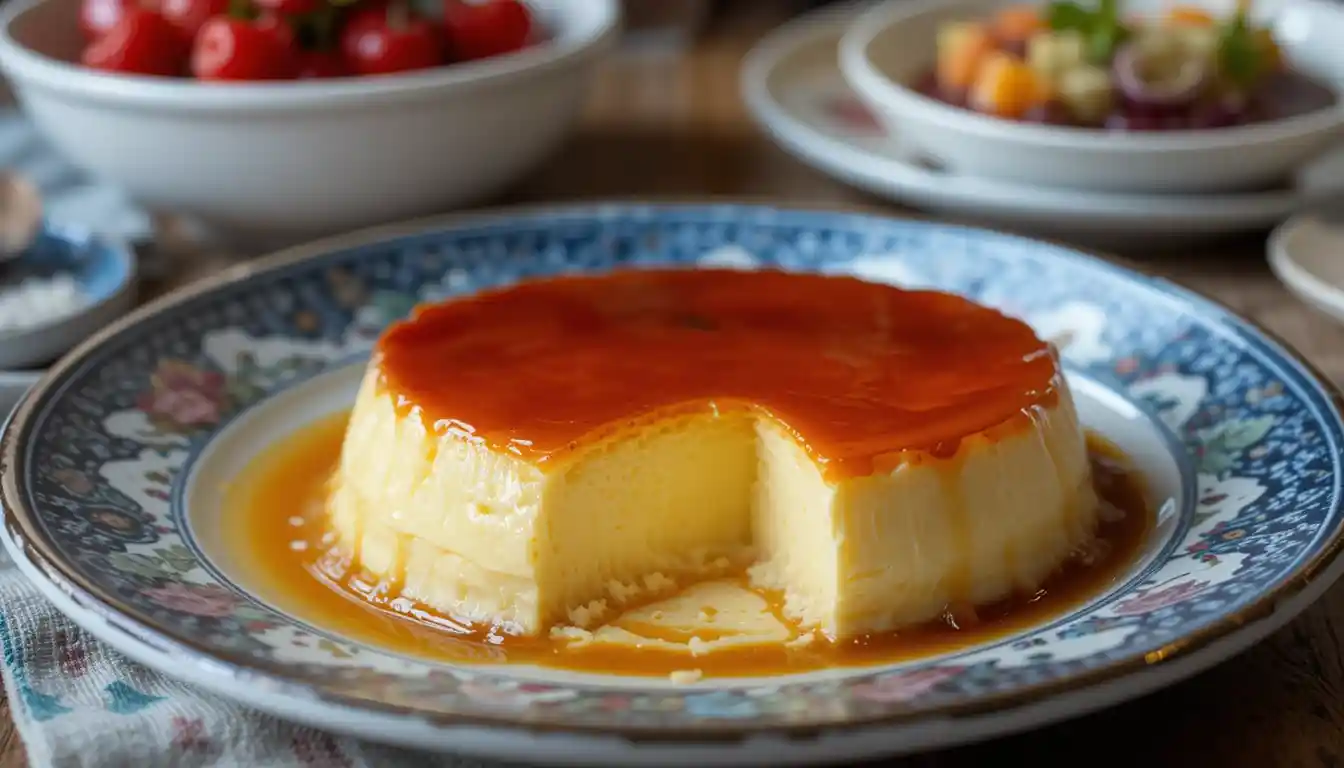 Person gazing at a Venezuelan Quesillo (flan), expression thoughtful.