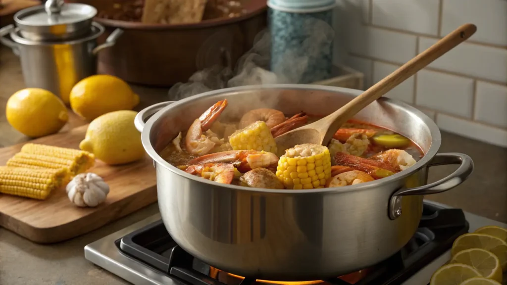 A large pot on a stovetop filled with a Seafood Boil Bag, showing shrimp, crab legs, corn, and potatoes boiling in a richly seasoned broth, with steam rising.