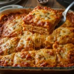Golden-brown lazy lasagna in a vintage baking dish, being served on a worn wooden table with a gingham napkin. A comforting Southern dinner